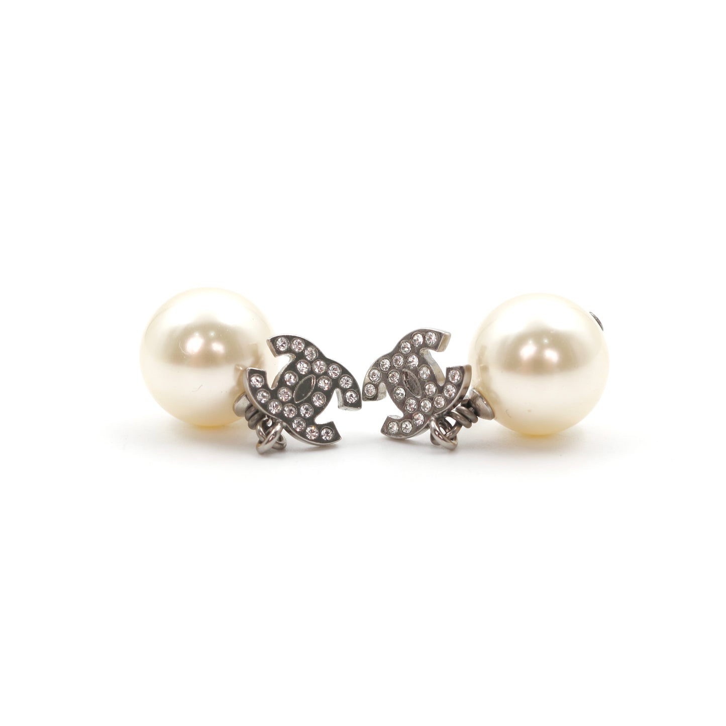 Chanel Crystal CC Faux Pearl Drop Earrings A24V Silver [Used]