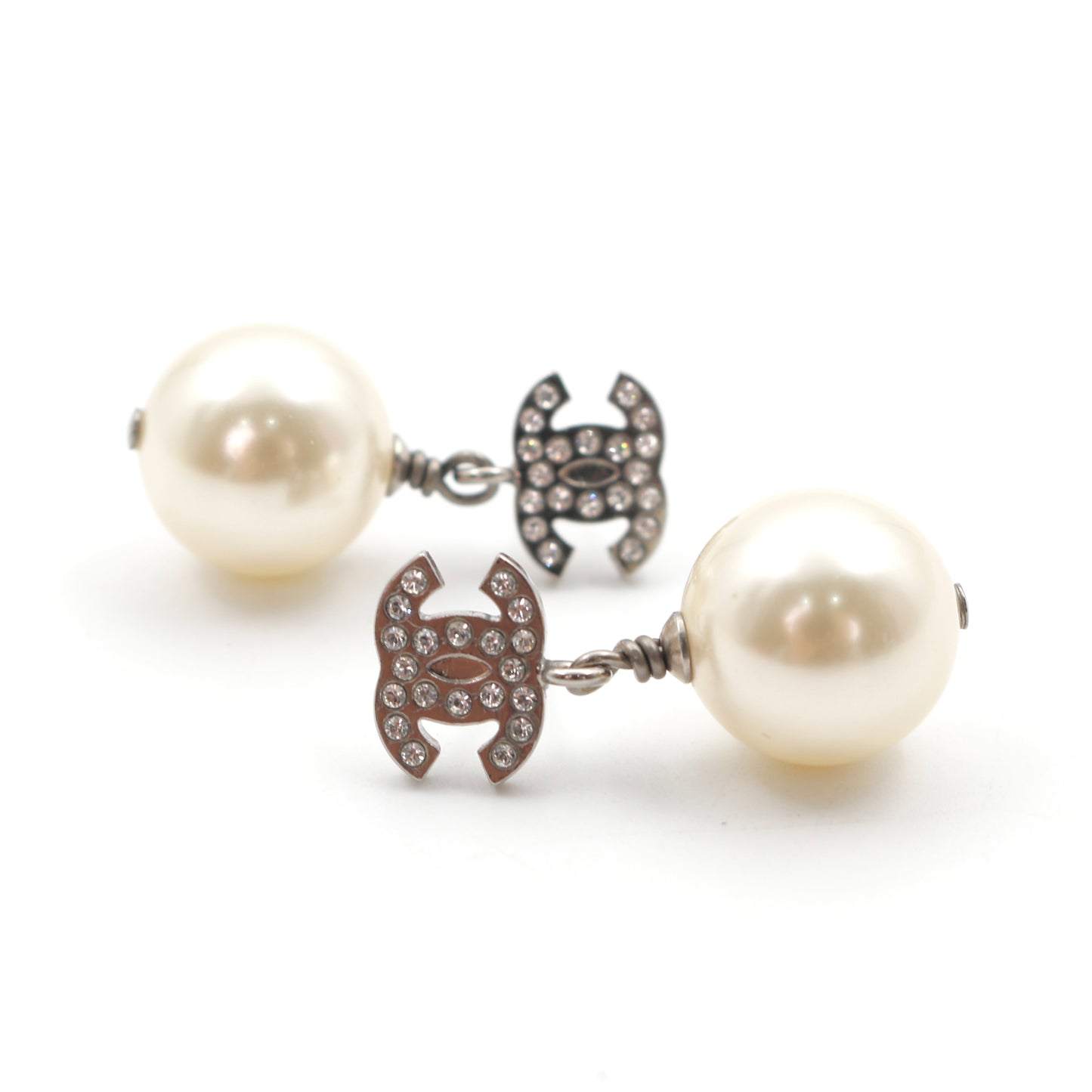 Chanel Crystal CC Faux Pearl Drop Earrings A24V Silver [Used]