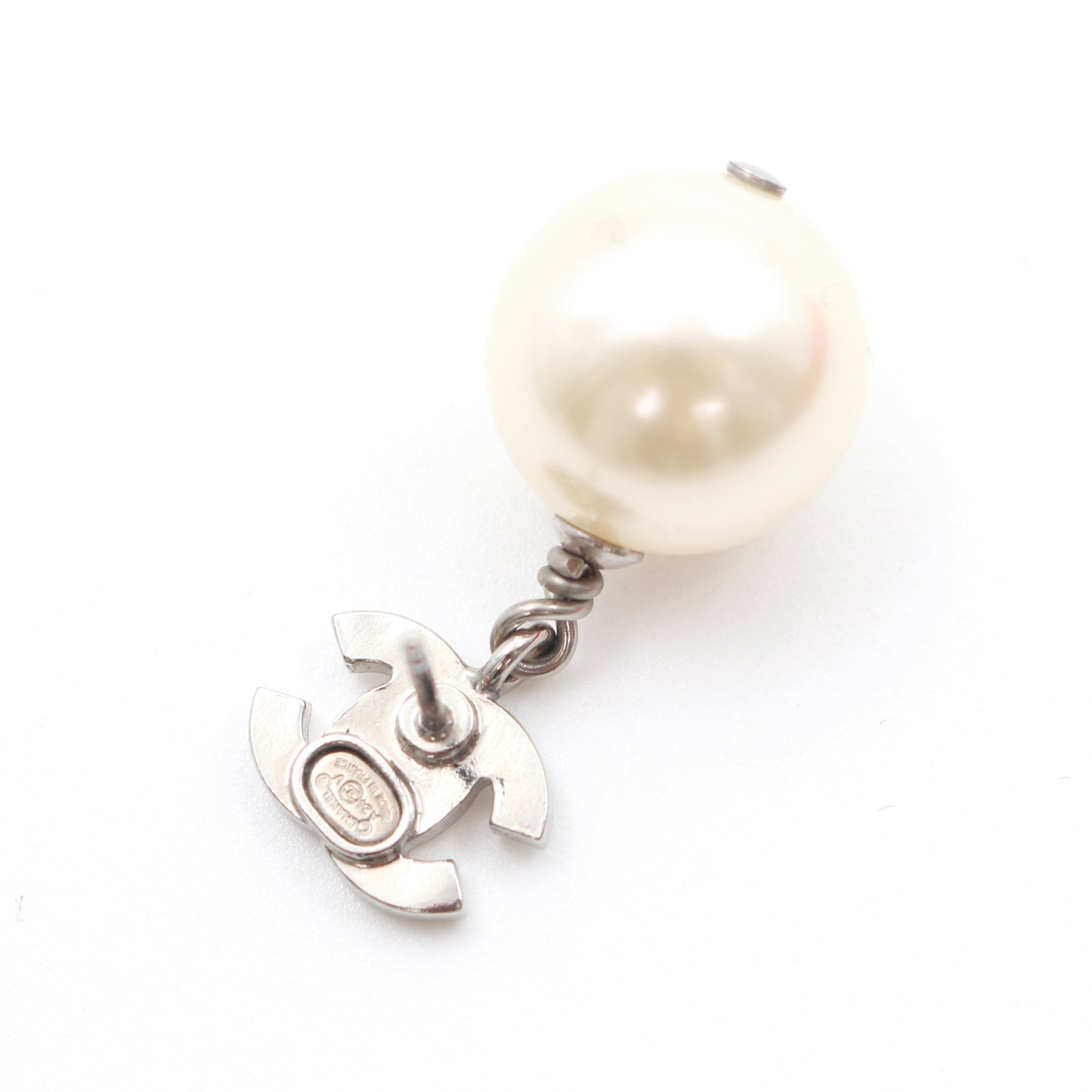 Chanel Crystal CC Faux Pearl Drop Earrings A24V Silver [Used]