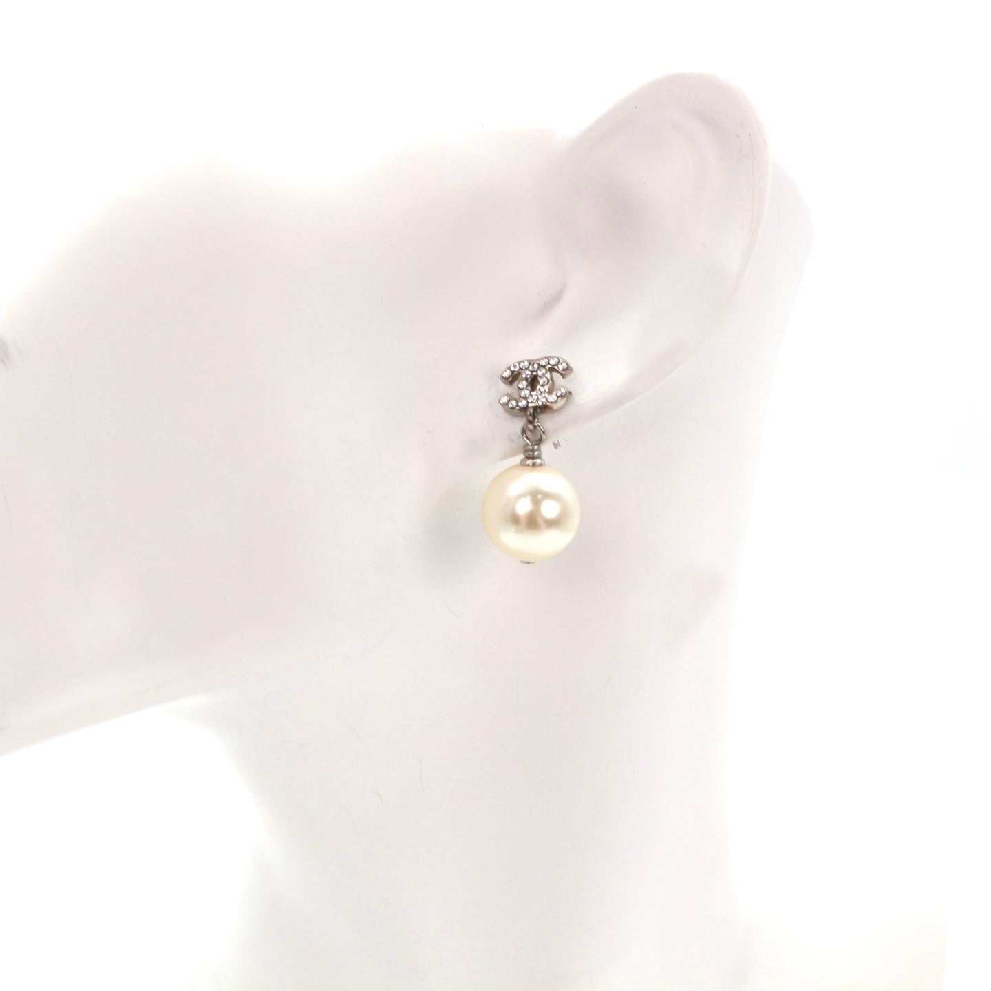 Chanel Crystal CC Faux Pearl Drop Earrings A24V Silver [Used]