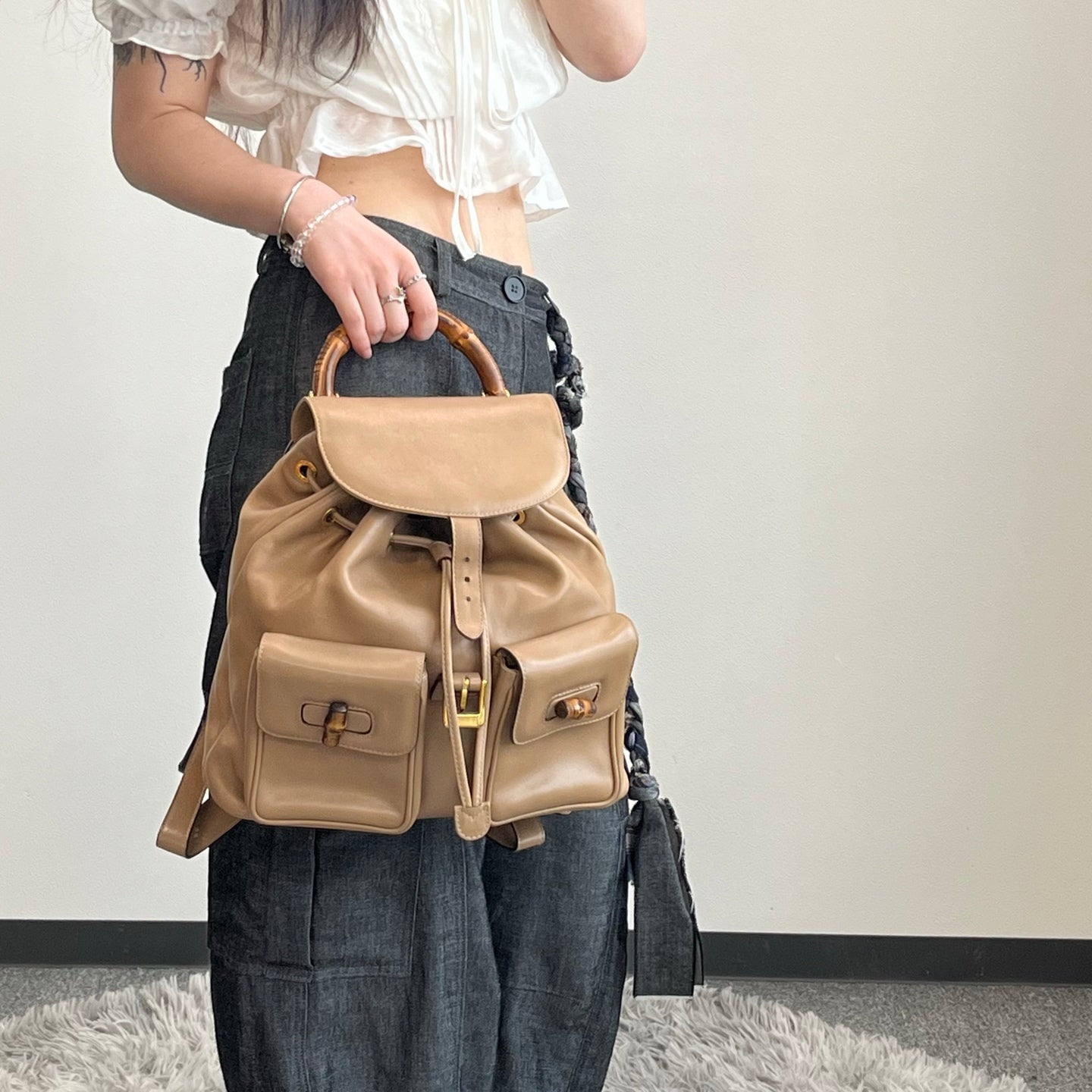 Gucci Bamboo Leather Backpack Beige Large [Used]