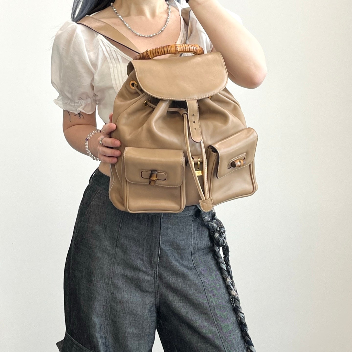 Gucci Bamboo Leather Backpack Beige Large [Used]