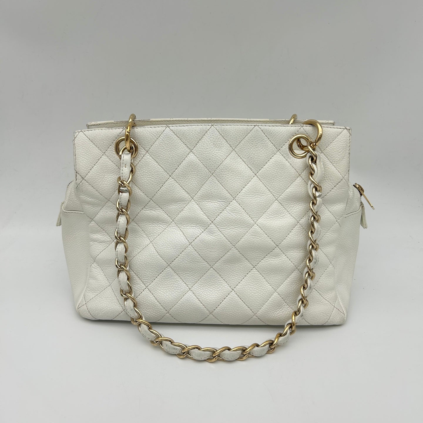 Chanel Caviar Leather Chain Tote Bag White [Used]