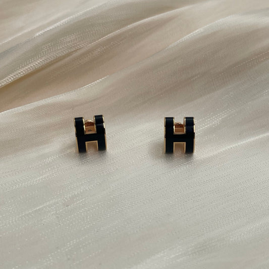 Hermès Pop H Black Enamel Stud Earrings Rose Gold [Used]