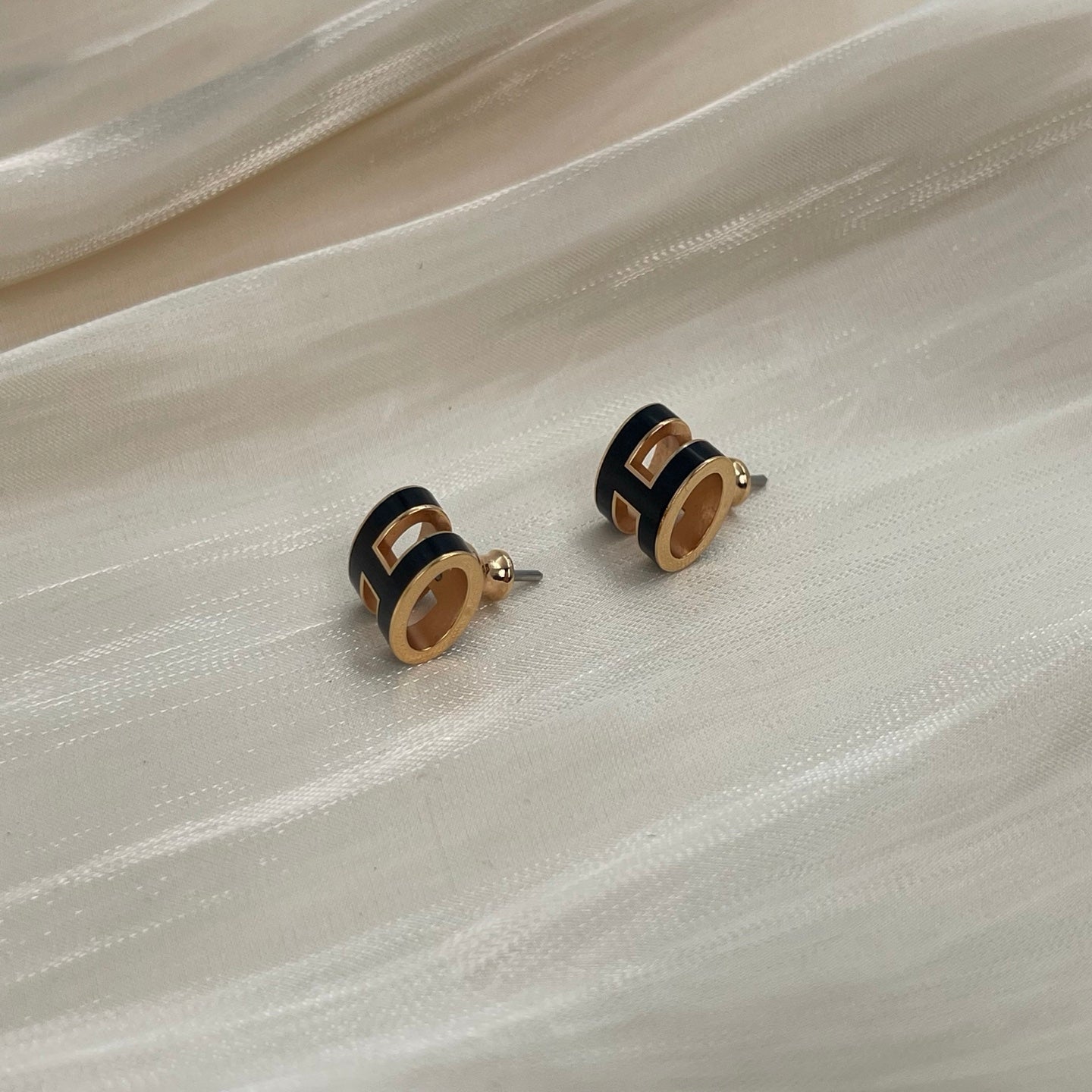Hermès Pop H Black Enamel Stud Earrings Rose Gold [Used]