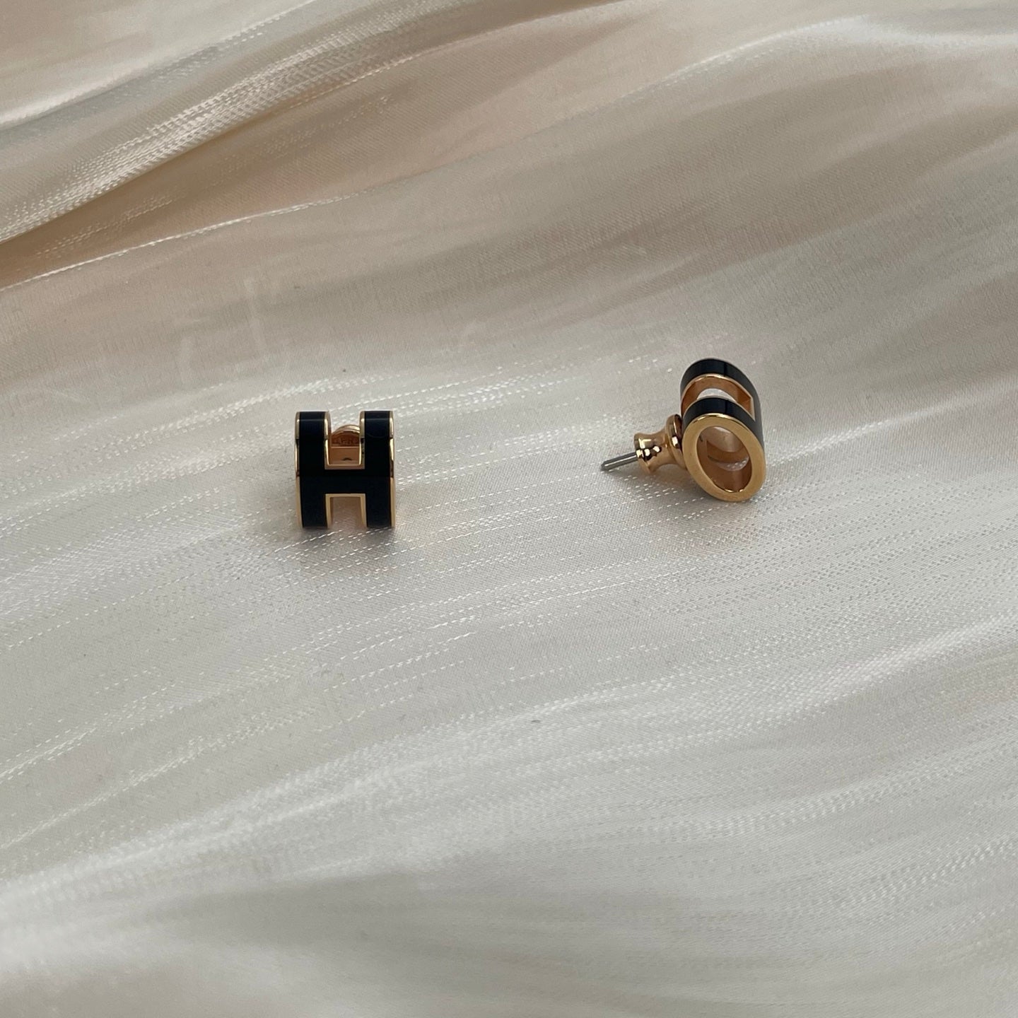 Hermès Pop H Black Enamel Stud Earrings Rose Gold [Used]