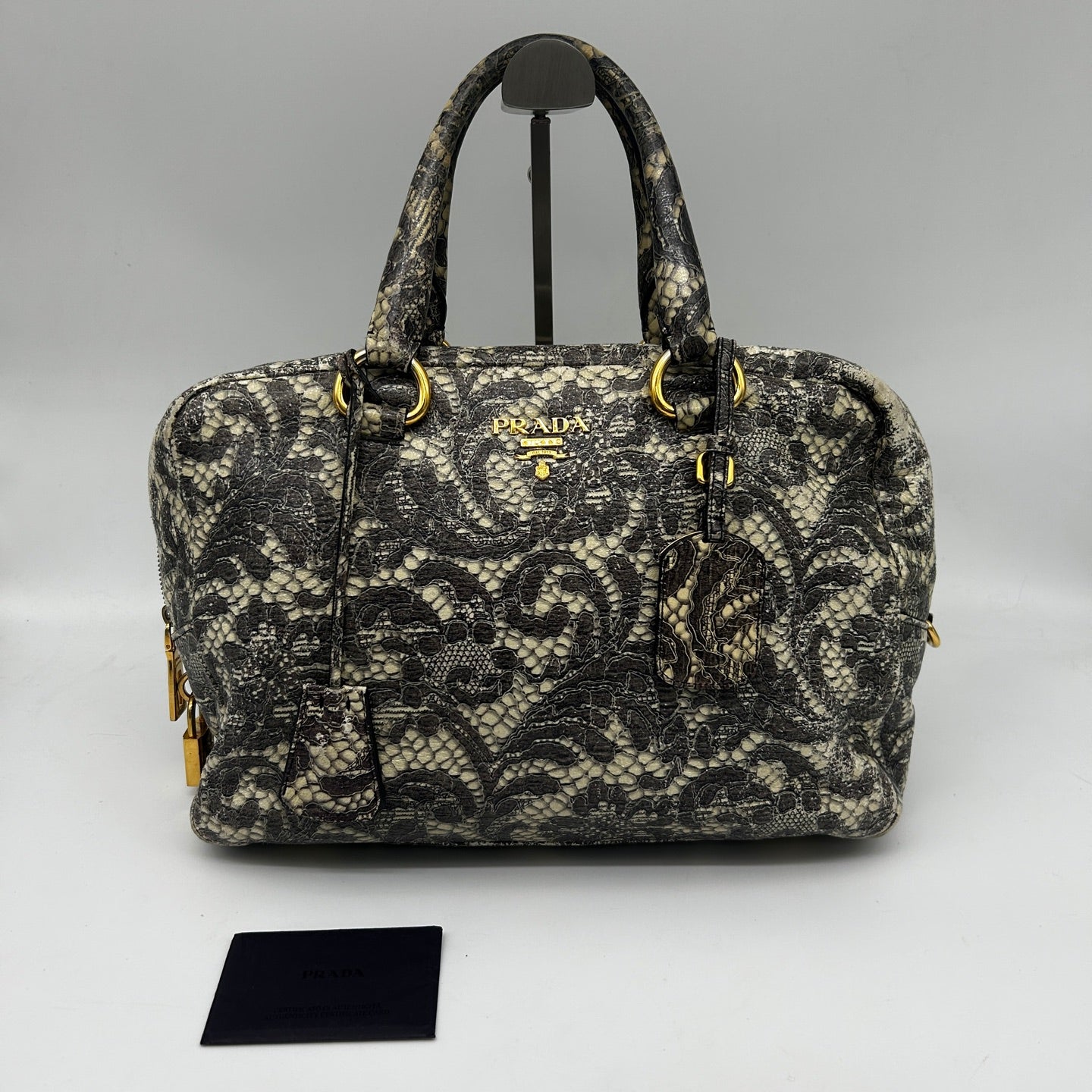Prada Python Lace Boston Tote Bag Black Ivory [Used]