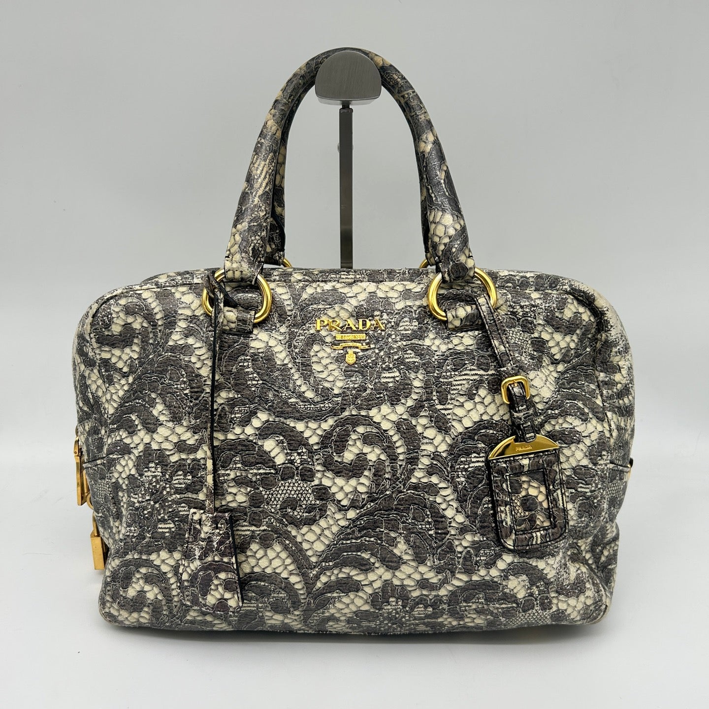 Prada Python Lace Boston Tote Bag Black Ivory [Used]