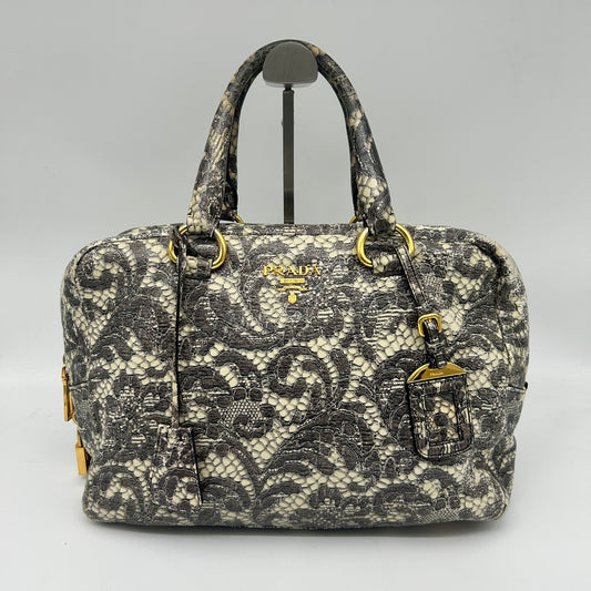 Prada Python Lace Boston Tote Bag Black Ivory [Used]