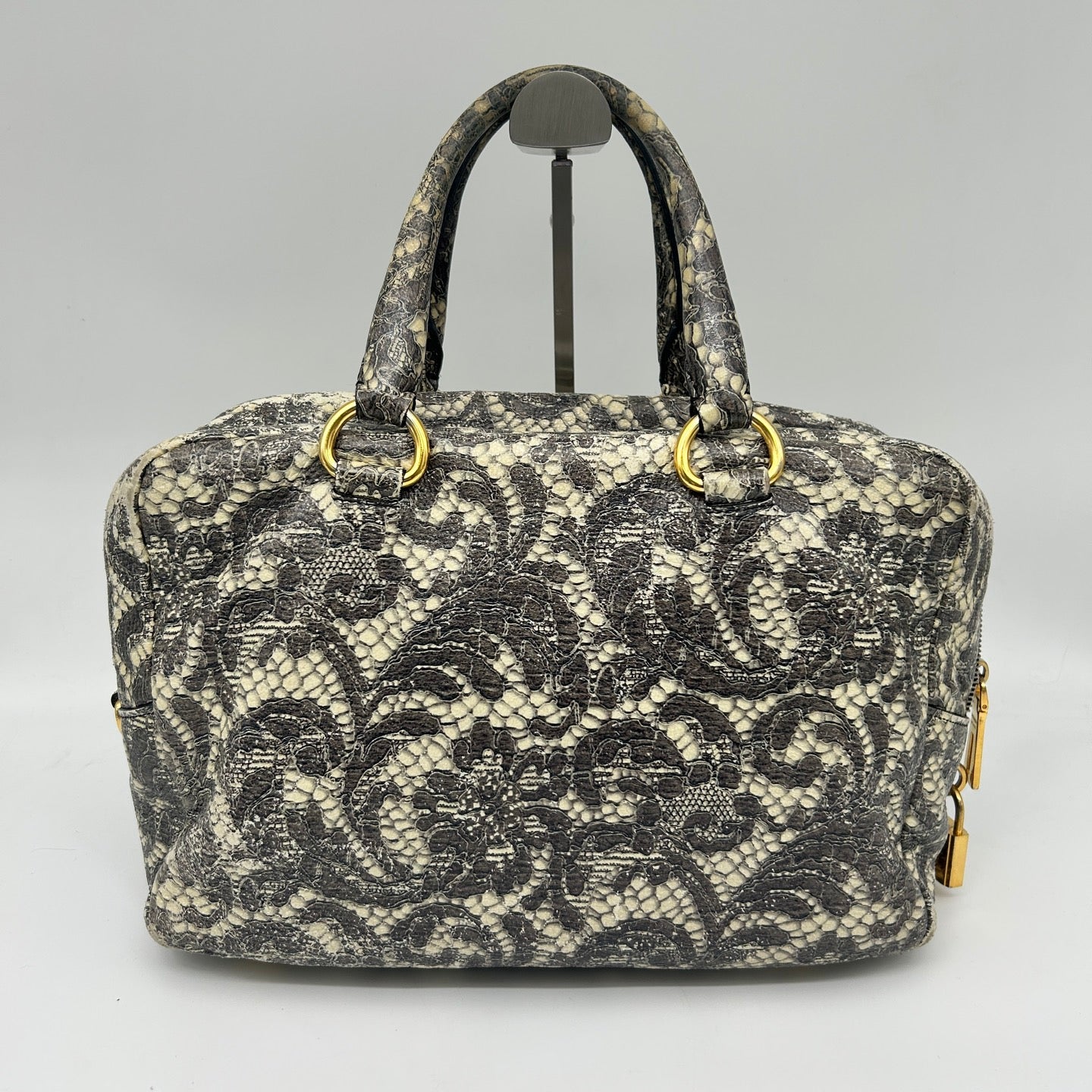 Prada Python Lace Boston Tote Bag Black Ivory [Used]