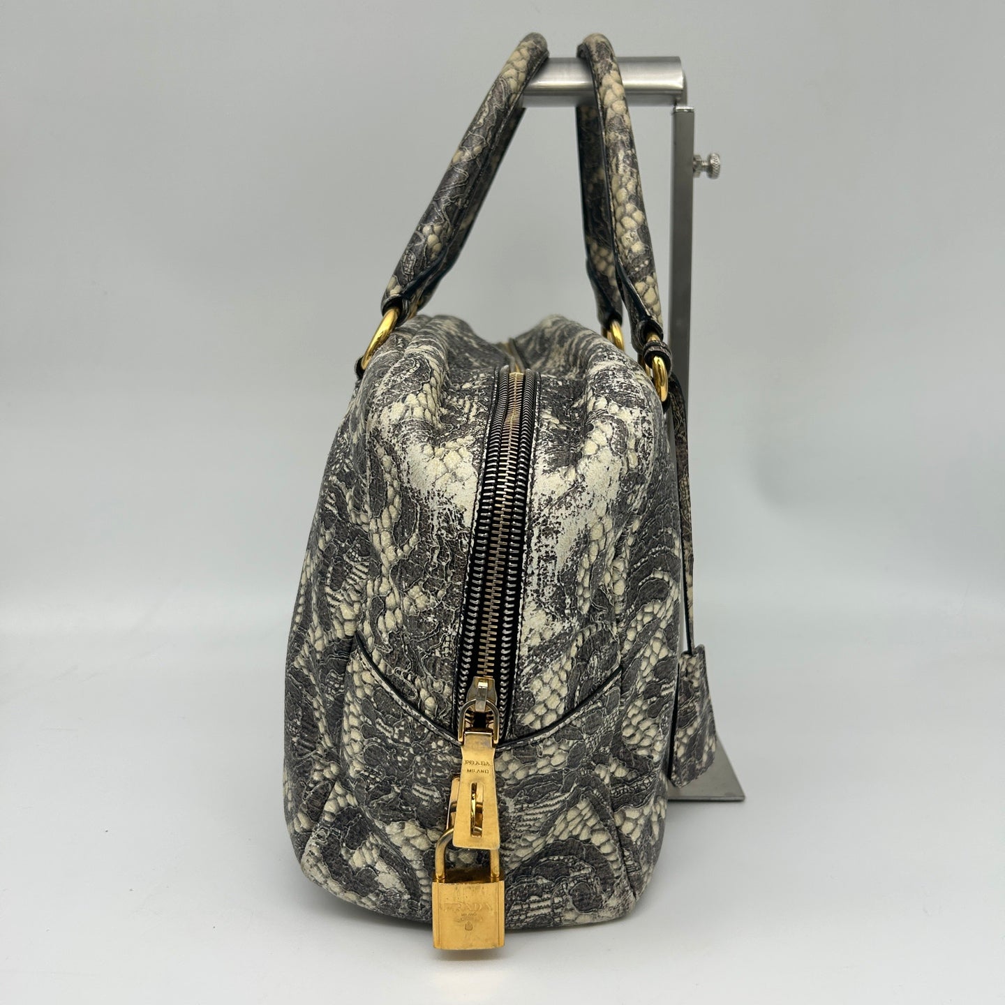 Prada Python Lace Boston Tote Bag Black Ivory [Used]