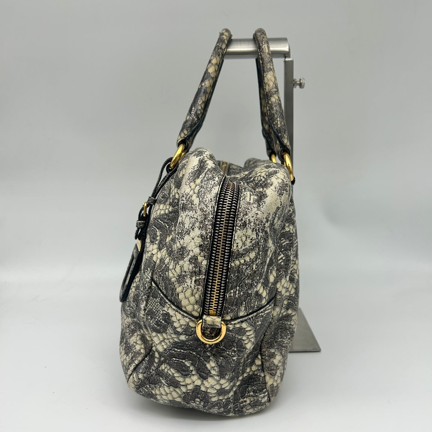 Prada Python Lace Boston Tote Bag Black Ivory [Used]