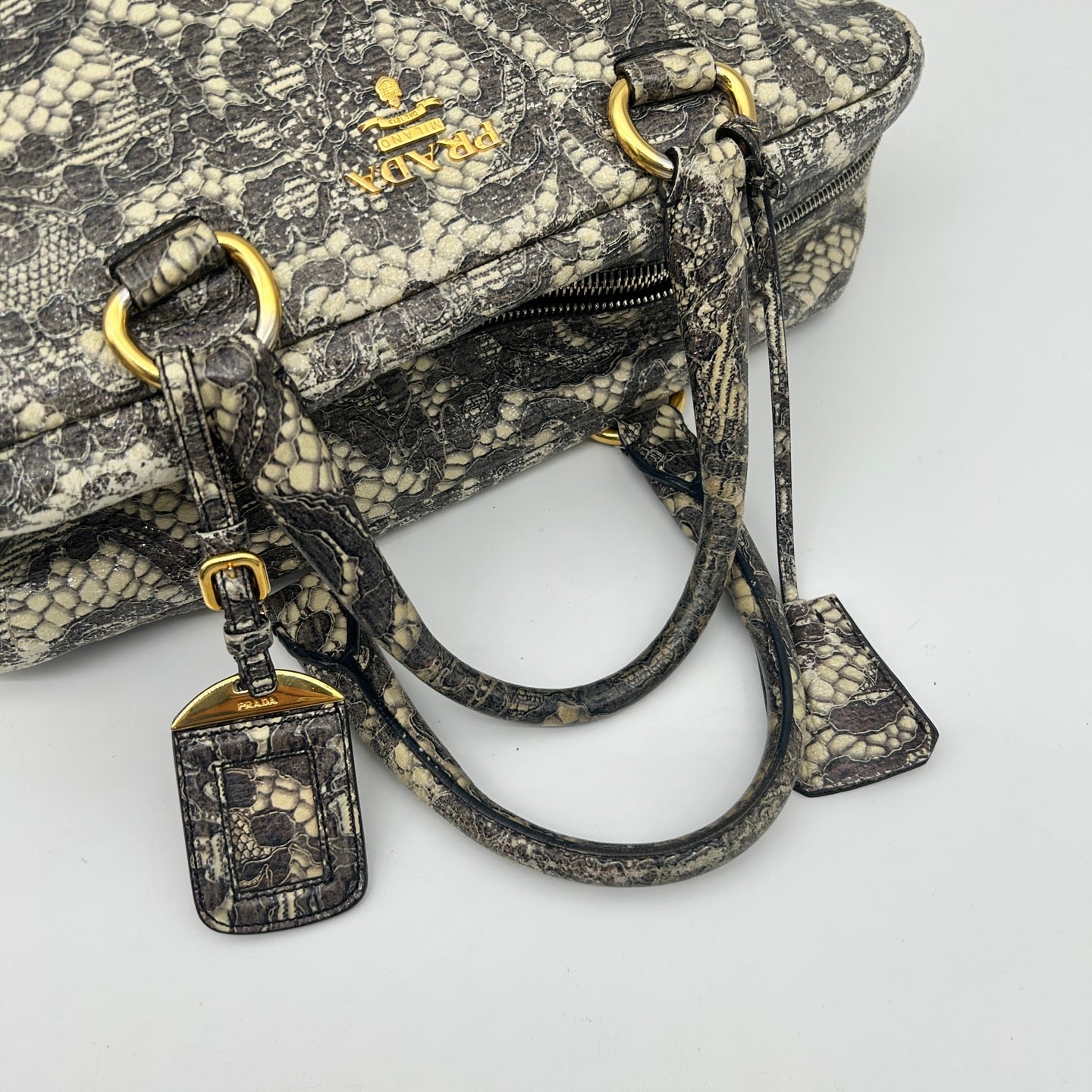 Prada Python Lace Boston Tote Bag Black Ivory [Used]