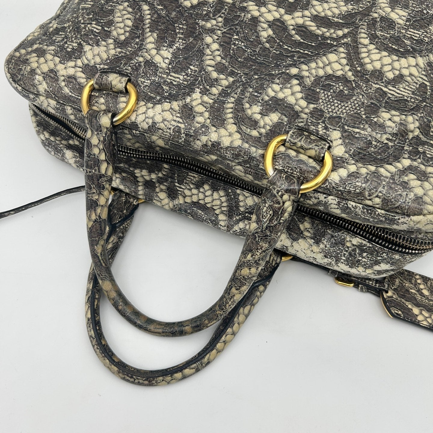 Prada Python Lace Boston Tote Bag Black Ivory [Used]