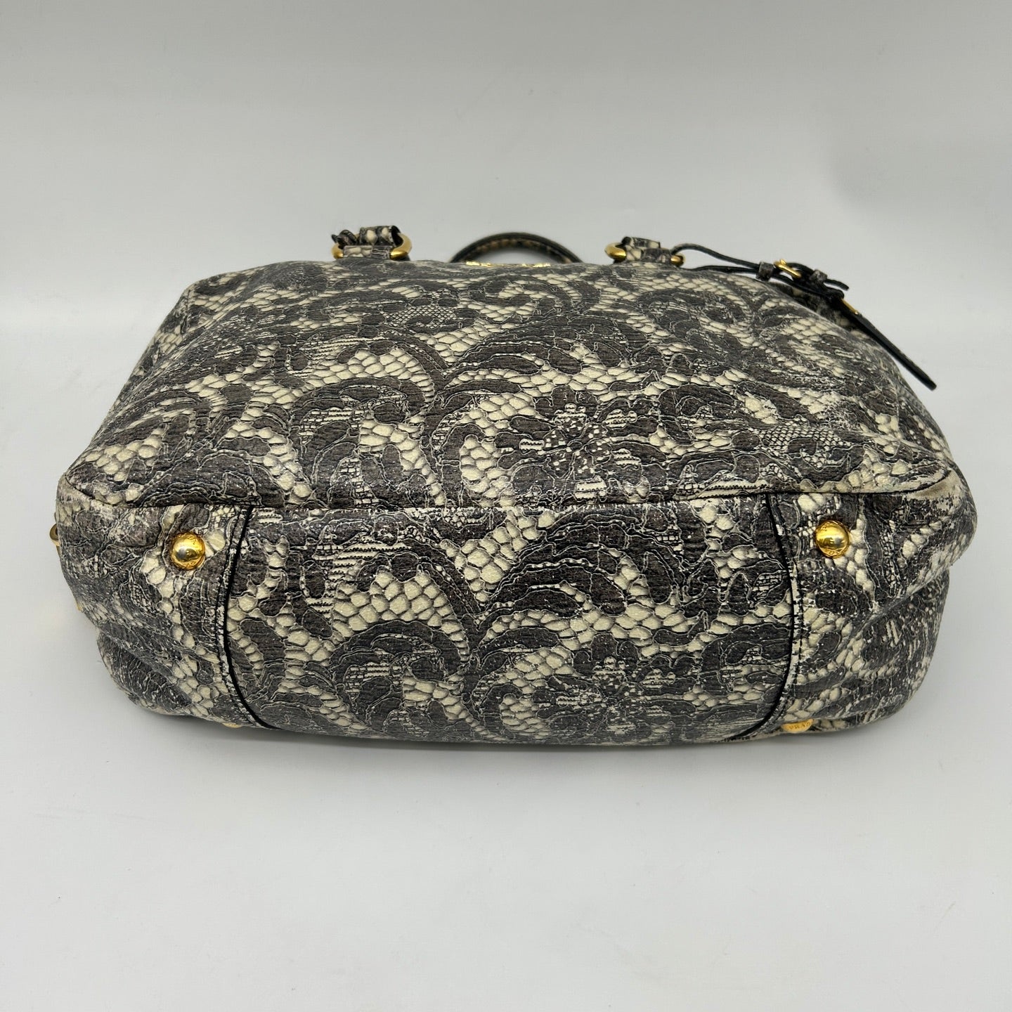 Prada Python Lace Boston Tote Bag Black Ivory [Used]