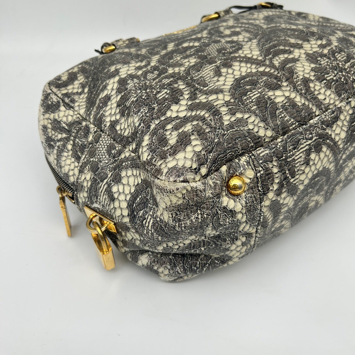 Prada Python Lace Boston Tote Bag Black Ivory [Used]