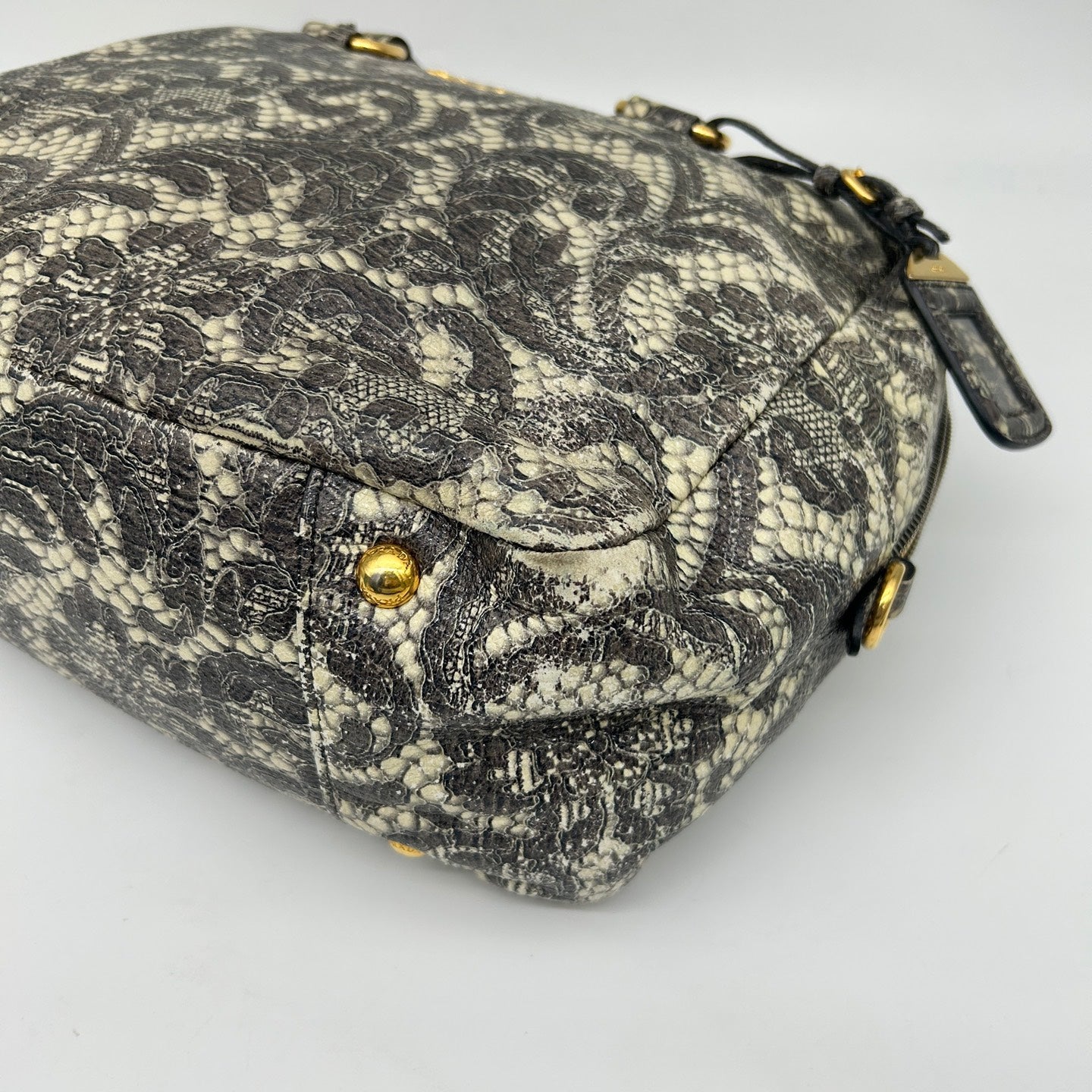Prada Python Lace Boston Tote Bag Black Ivory [Used]