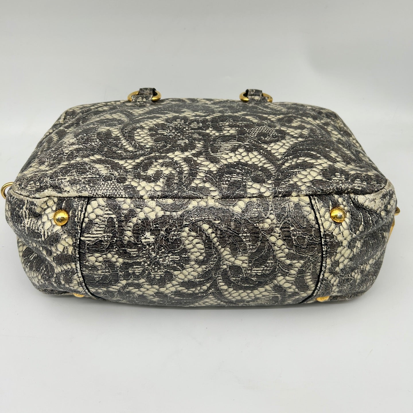 Prada Python Lace Boston Tote Bag Black Ivory [Used]