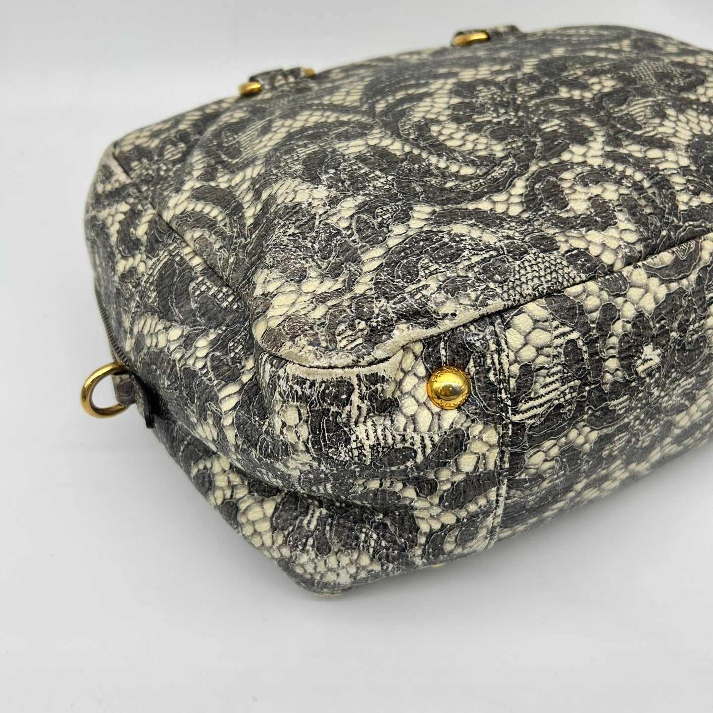 Prada Python Lace Boston Tote Bag Black Ivory [Used]