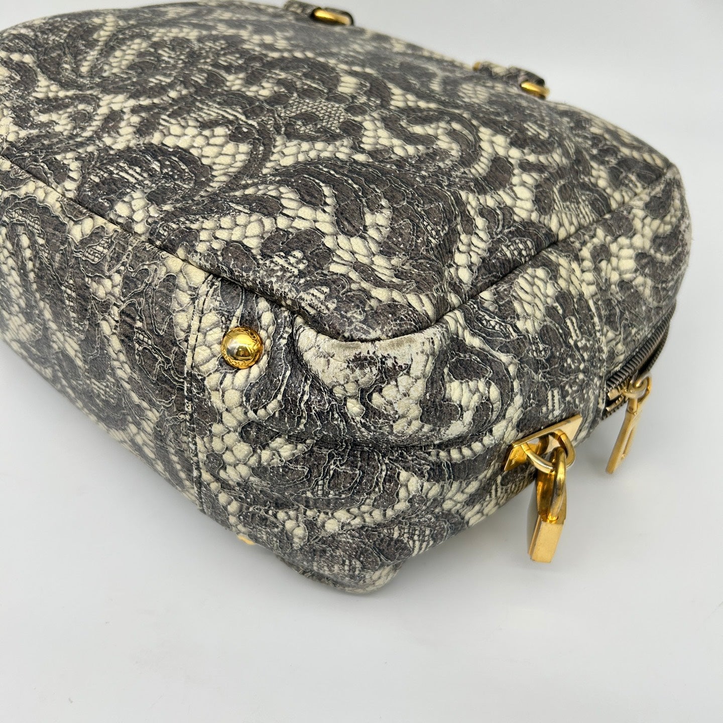 Prada Python Lace Boston Tote Bag Black Ivory [Used]