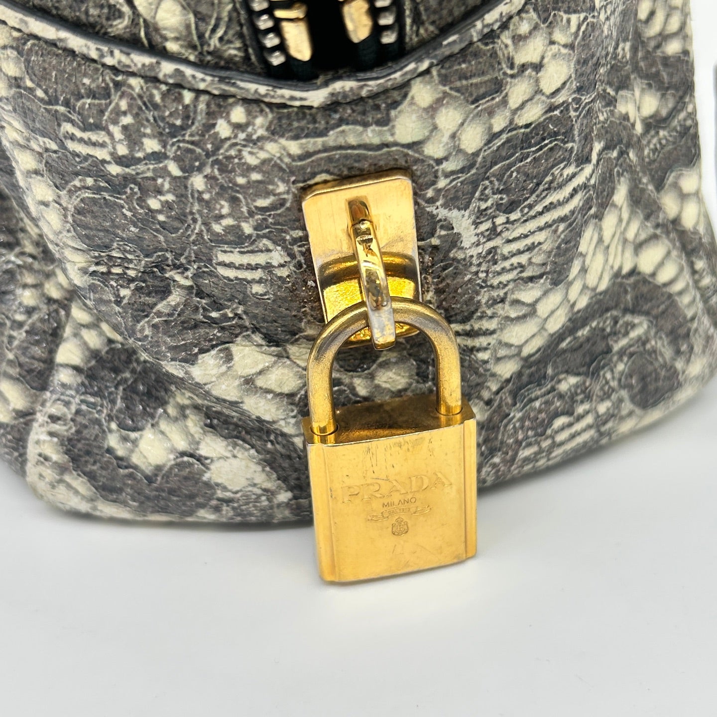 Prada Python Lace Boston Tote Bag Black Ivory [Used]
