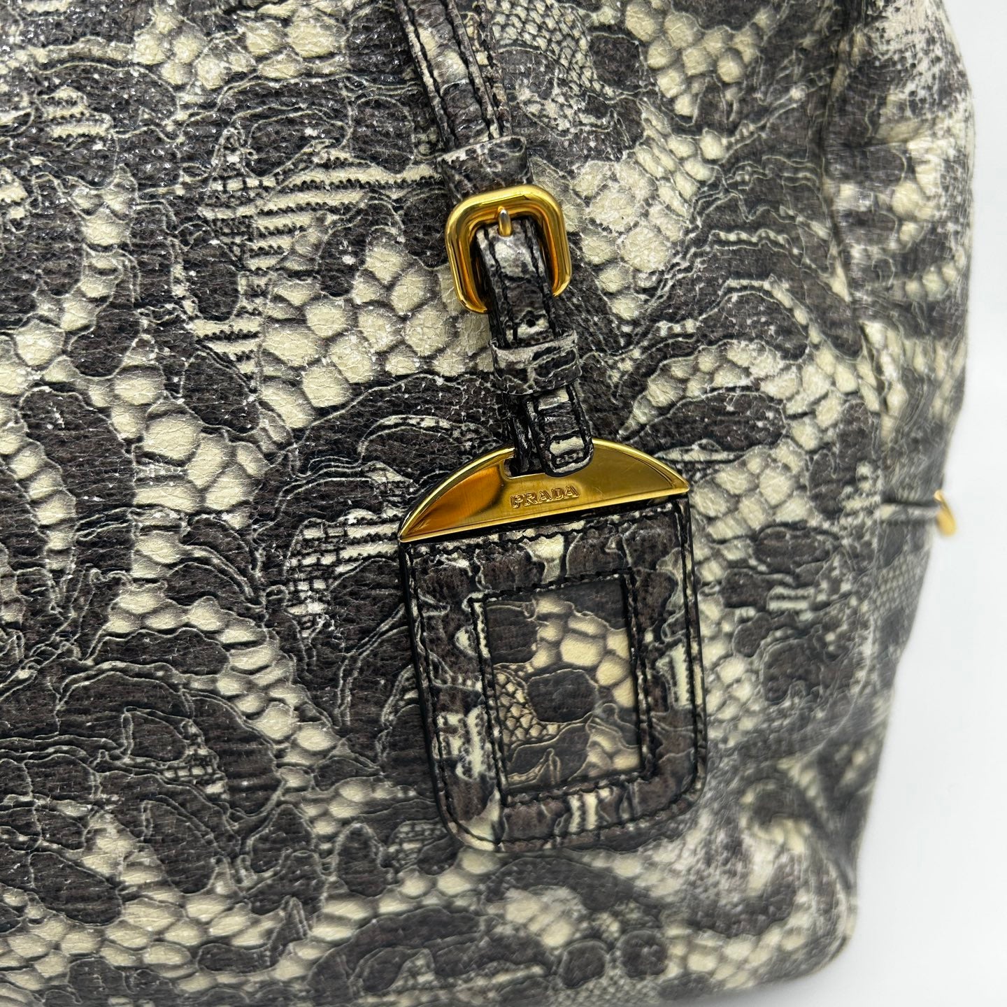 Prada Python Lace Boston Tote Bag Black Ivory [Used]
