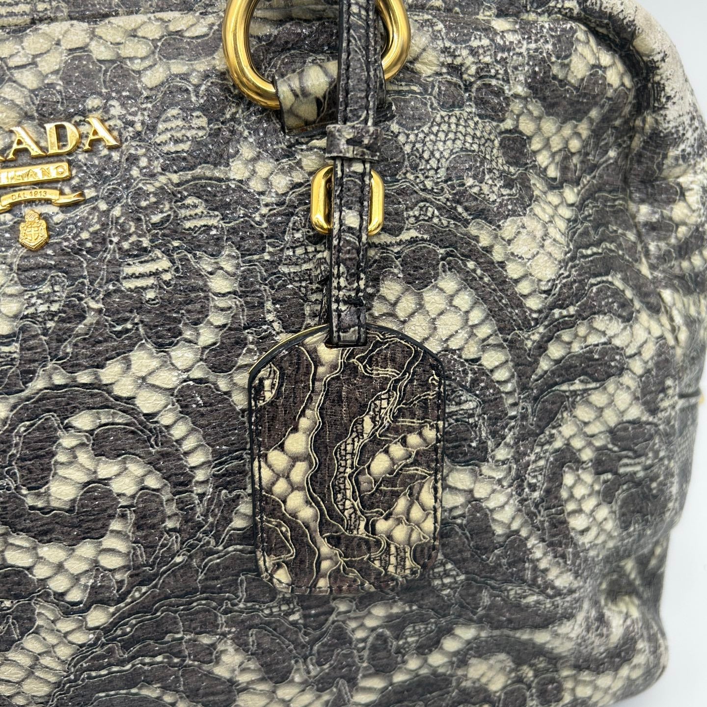 Prada Python Lace Boston Tote Bag Black Ivory [Used]