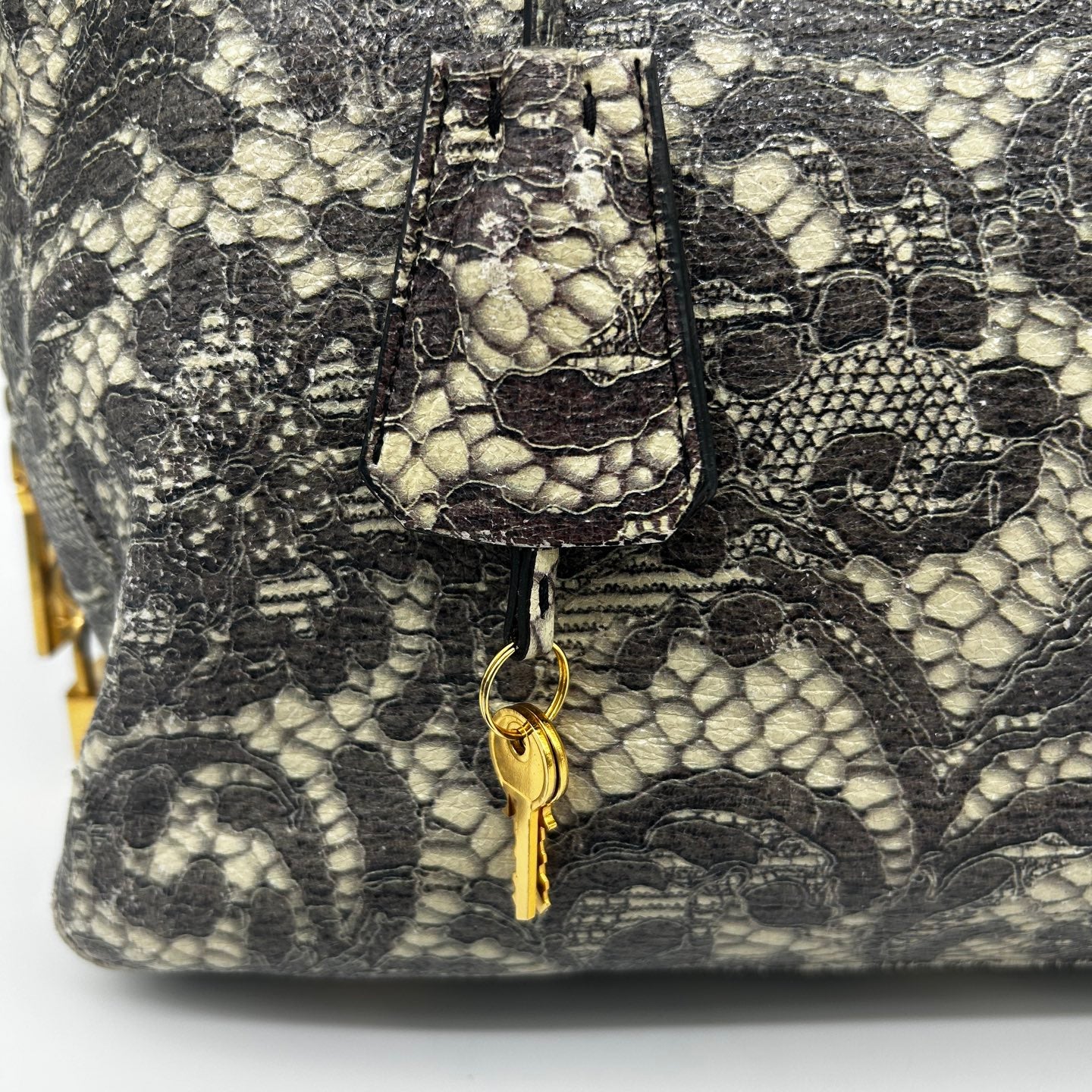 Prada Python Lace Boston Tote Bag Black Ivory [Used]