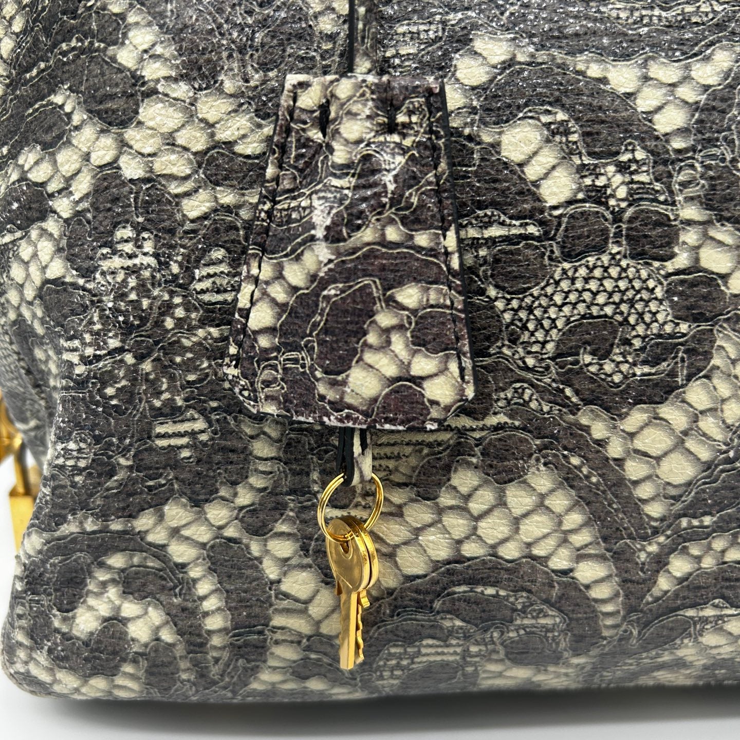 Prada Python Lace Boston Tote Bag Black Ivory [Used]