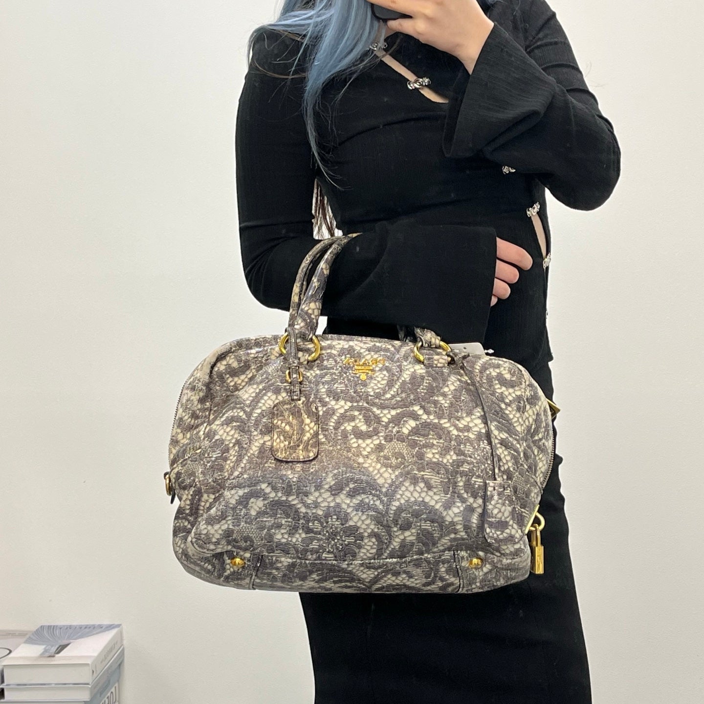 Prada Python Lace Boston Tote Bag Black Ivory [Used]