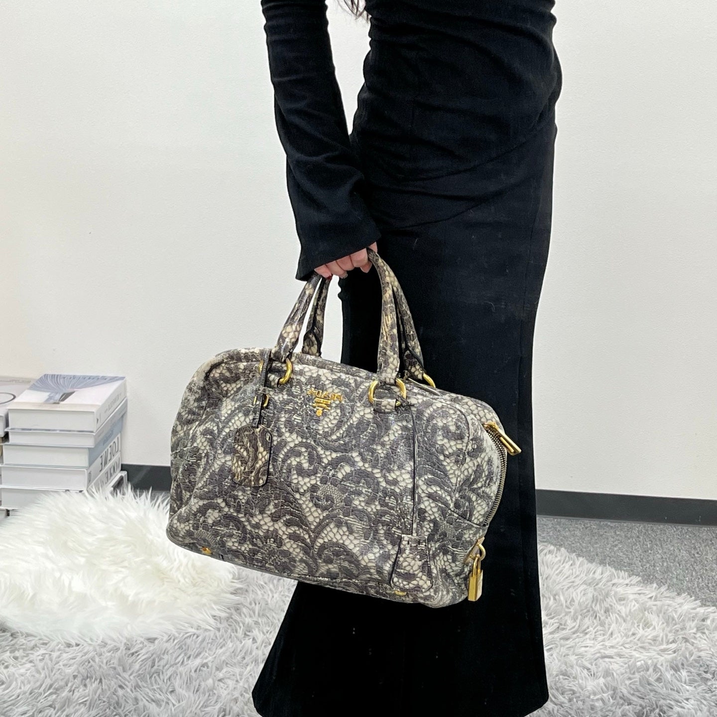 Prada Python Lace Boston Tote Bag Black Ivory [Used]
