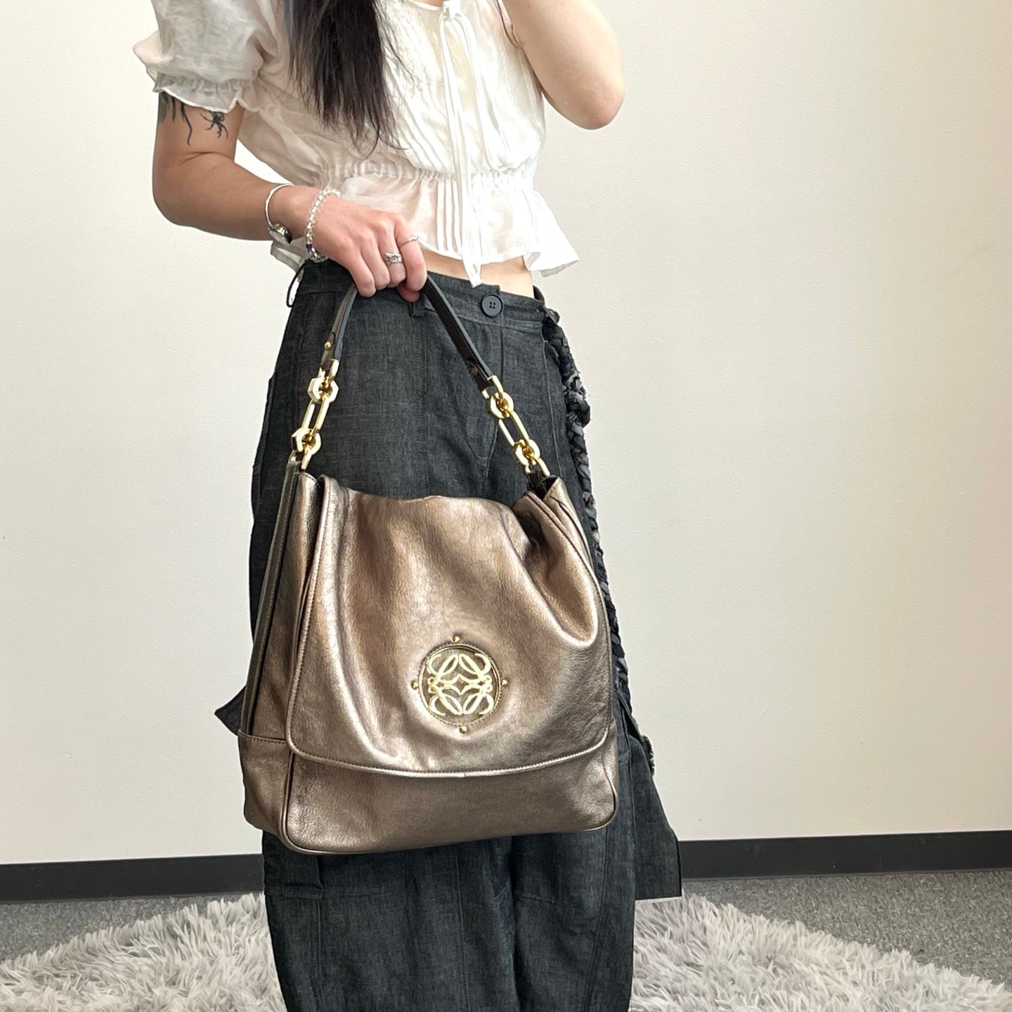 Loewe Metallic Bronze Anagram Flap Shoulder Bag [Used]