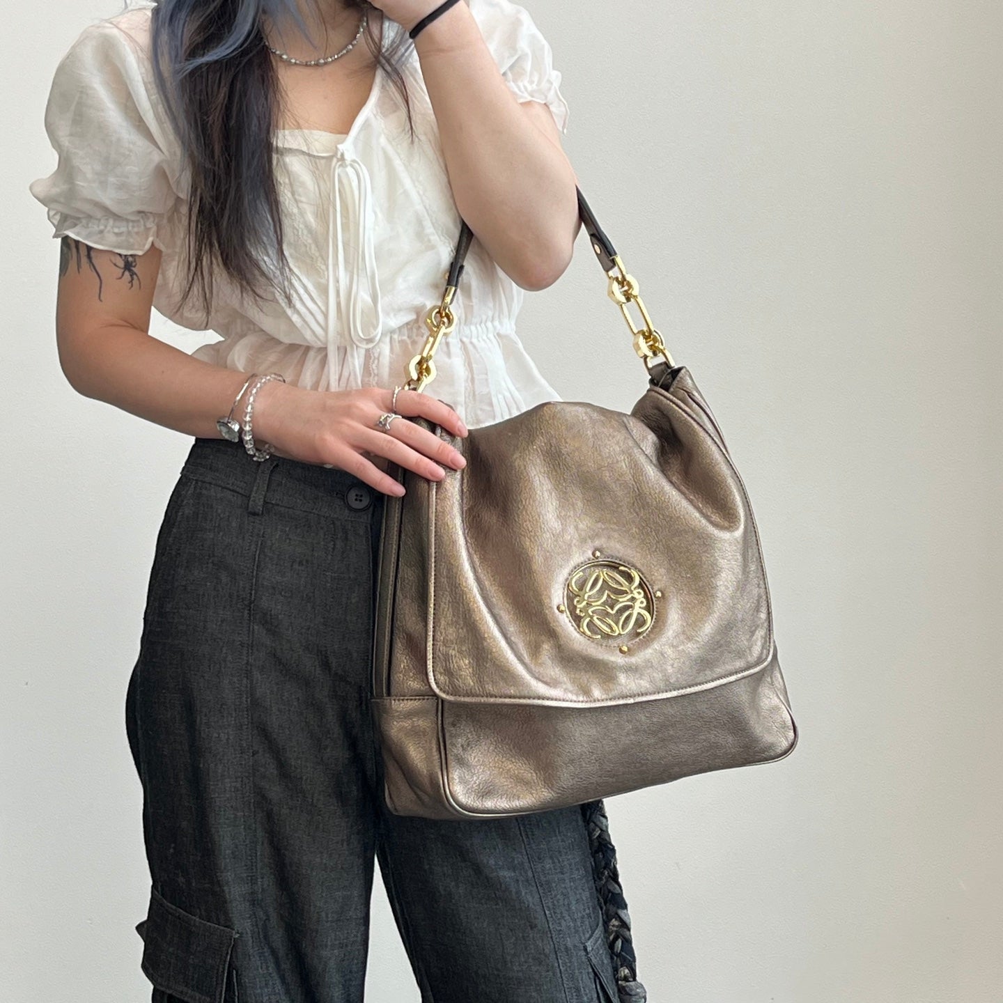 Loewe Metallic Bronze Anagram Flap Shoulder Bag [Used]