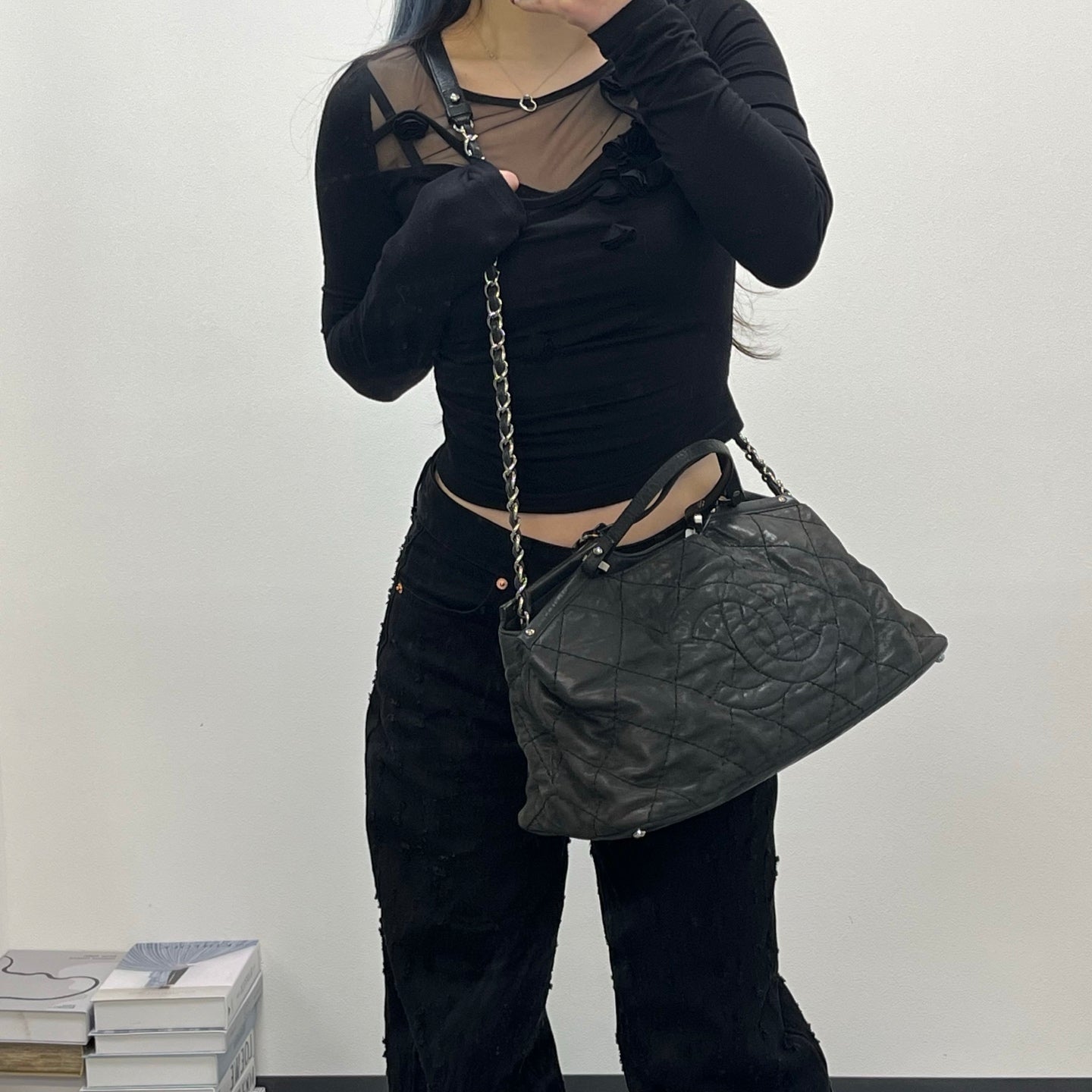 CHANEL Black Iridescent CC Logo 2-Way Chain Tote Bag [Used]