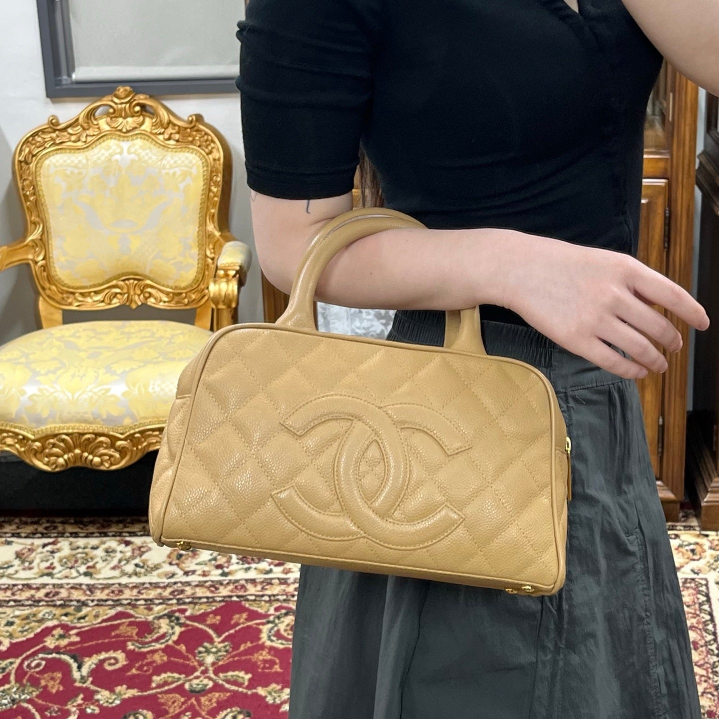 CHANEL Beige Caviar Leather Small Bowling Bag [Used]