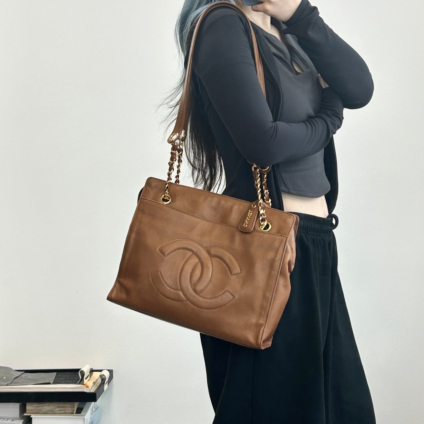 CHANEL Brown Coco Mark Chain Tote Bag [Used]