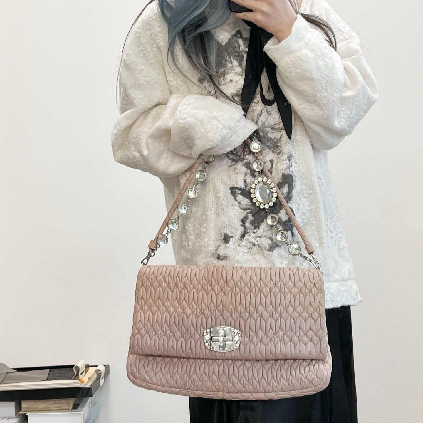 Miu Miu Pink Crystal Chain Matelasse Leather Shoulder Bag [Used]