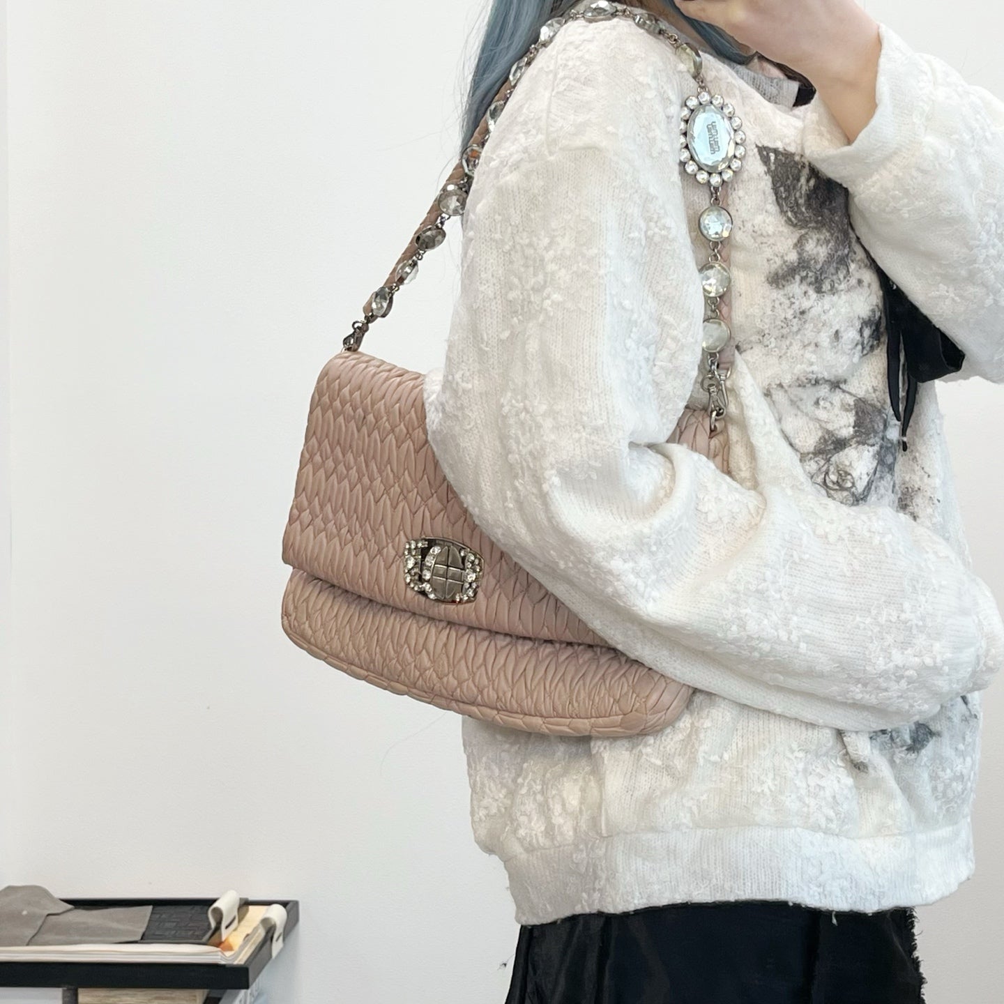 Miu Miu Pink Crystal Chain Matelasse Leather Shoulder Bag [Used]