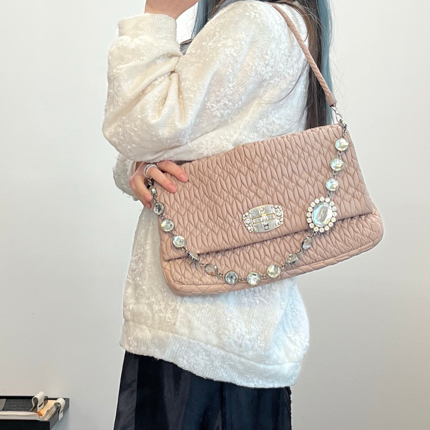 Miu Miu Pink Crystal Chain Matelasse Leather Shoulder Bag [Used]