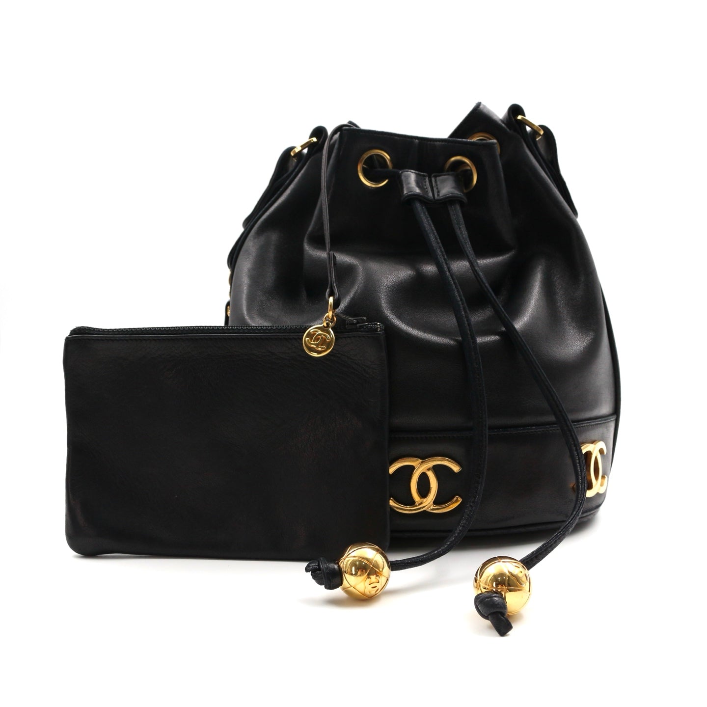 CHANEL Black Lambskin Six CC Logo Drawstring Bucket Bag [Used]