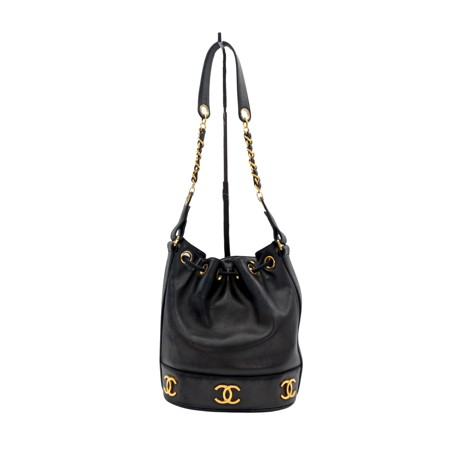 CHANEL Black Lambskin Six CC Logo Drawstring Bucket Bag [Used]