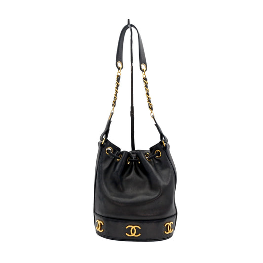 CHANEL Black Lambskin Six CC Logo Drawstring Bucket Bag [Used]