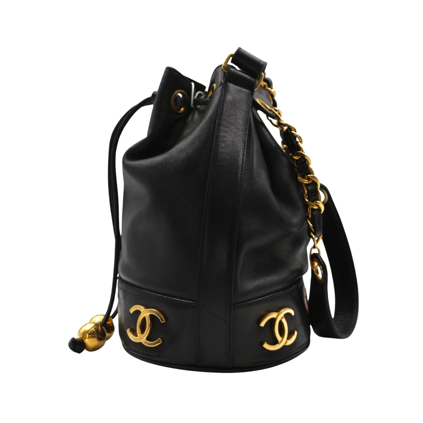 CHANEL Black Lambskin Six CC Logo Drawstring Bucket Bag [Used]