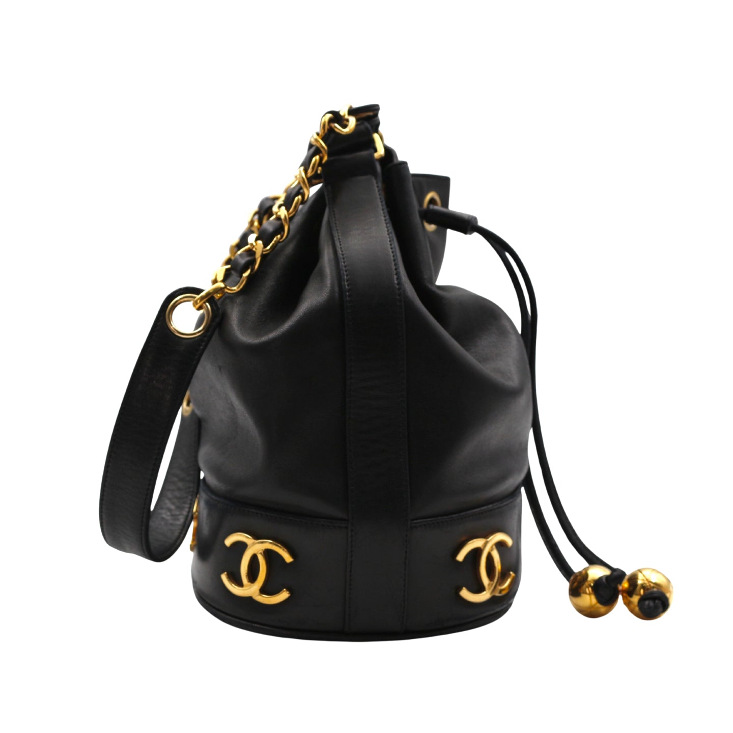 CHANEL Black Lambskin Six CC Logo Drawstring Bucket Bag [Used]