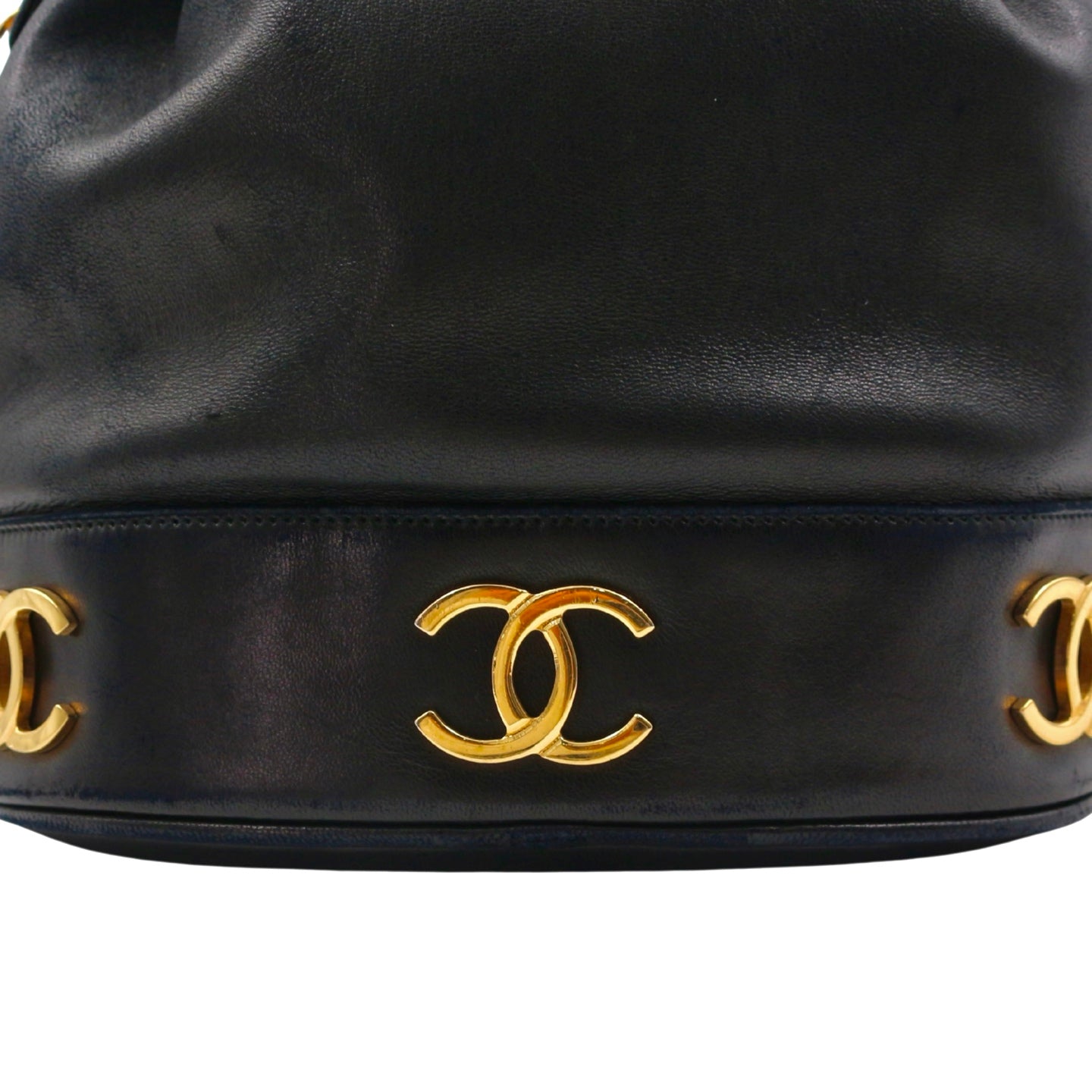 CHANEL Black Lambskin Six CC Logo Drawstring Bucket Bag [Used]