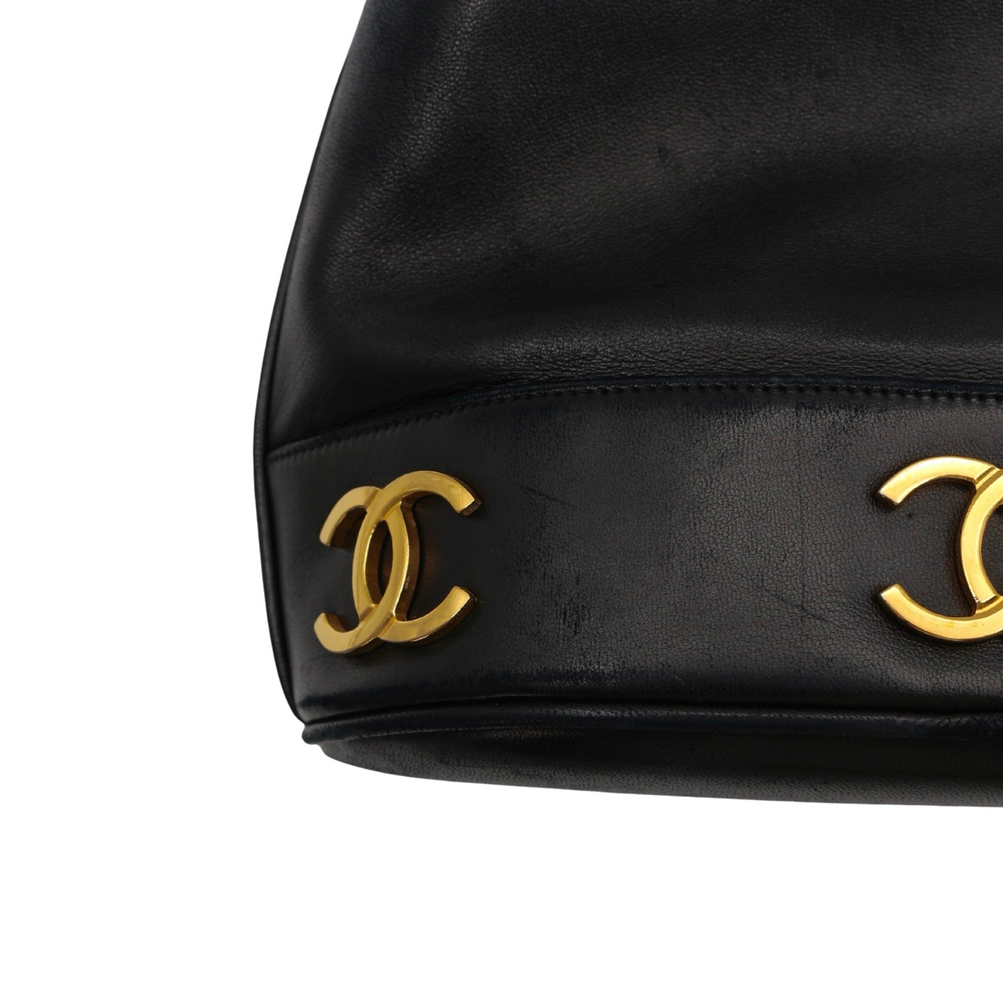 CHANEL Black Lambskin Six CC Logo Drawstring Bucket Bag [Used]