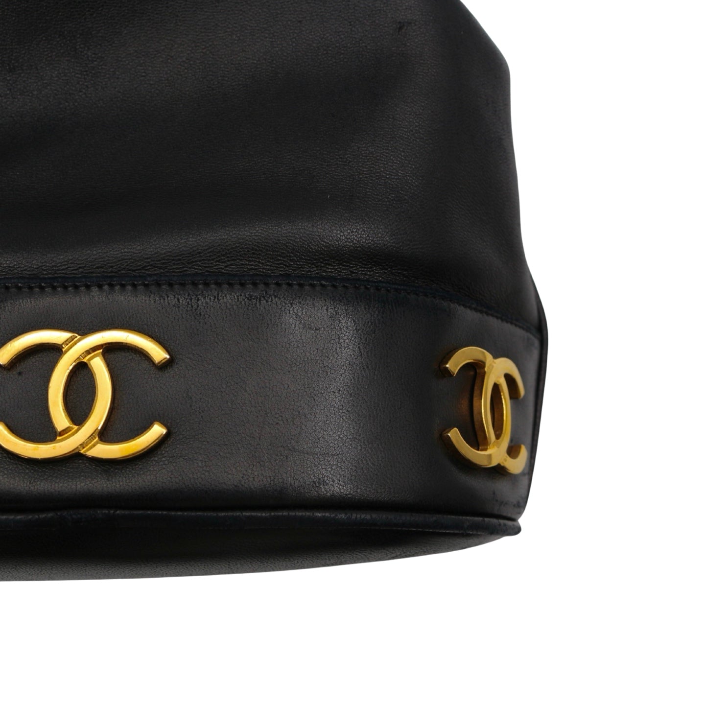 CHANEL Black Lambskin Six CC Logo Drawstring Bucket Bag [Used]