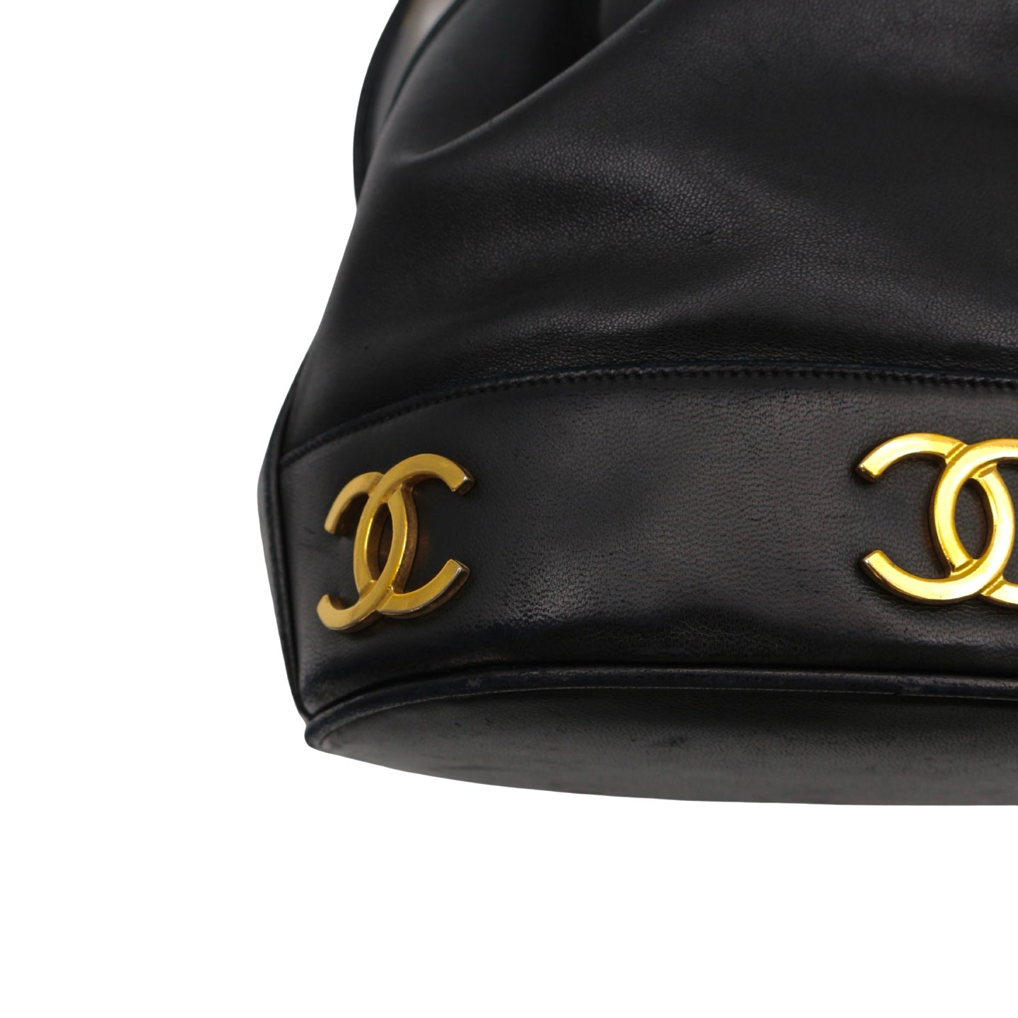 CHANEL Black Lambskin Six CC Logo Drawstring Bucket Bag [Used]