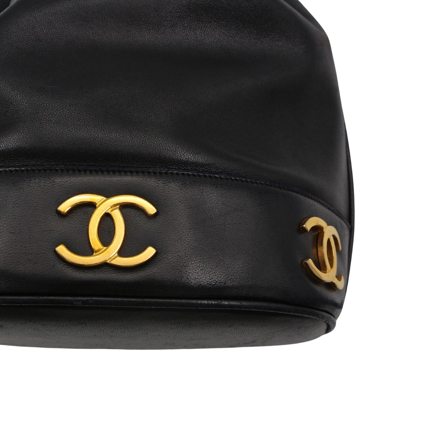CHANEL Black Lambskin Six CC Logo Drawstring Bucket Bag [Used]