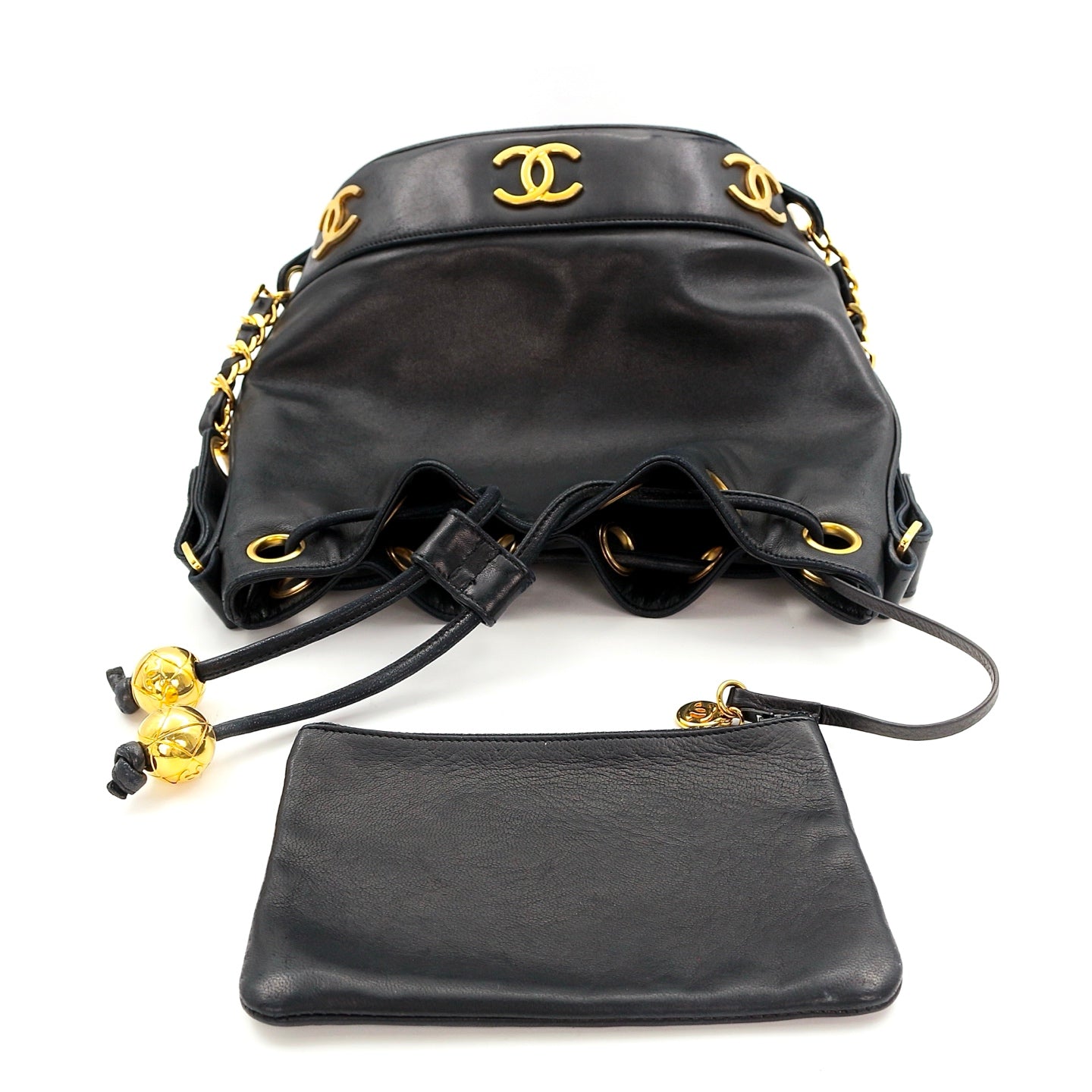 CHANEL Black Lambskin Six CC Logo Drawstring Bucket Bag [Used]
